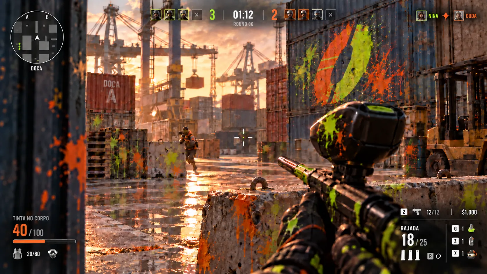 OVERSPRAY first-person gameplay with the marker, the scoreboard and the paint-on-body meter