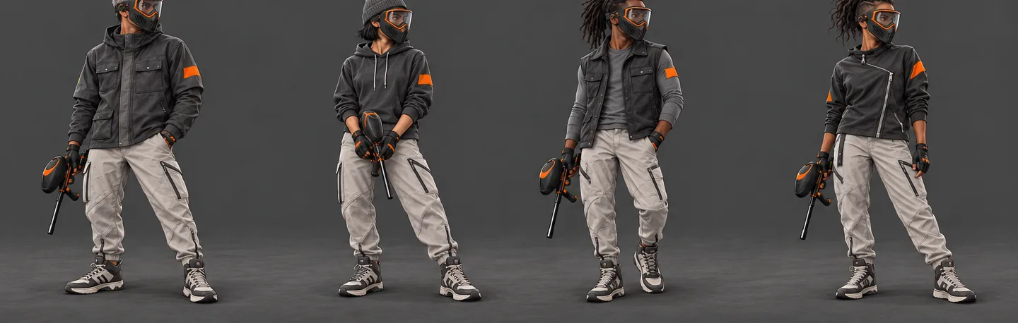 The four Team Orange characters with masks and markers
